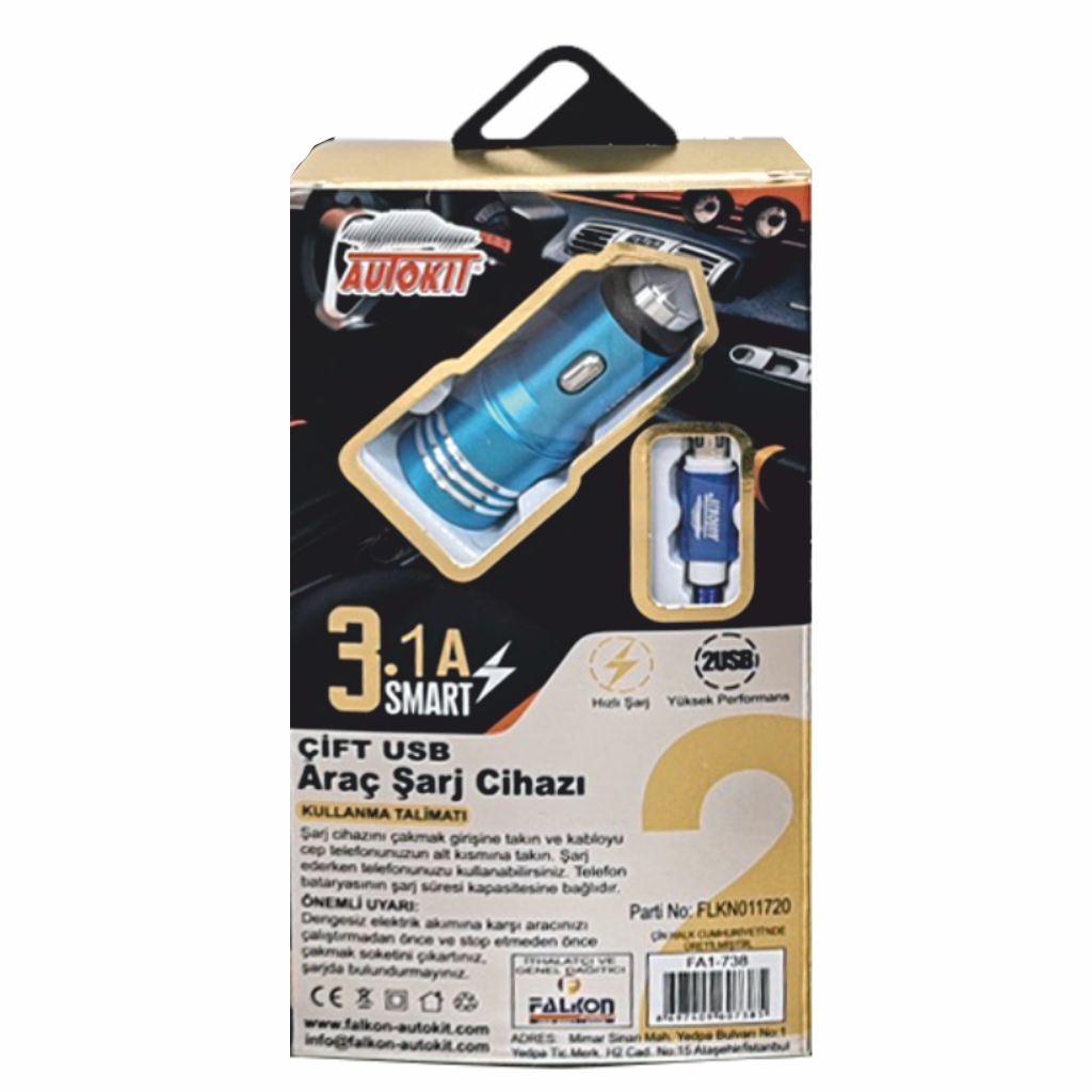 Autokit Metal Araç Şarjı 2 USB 3.1 Amper Micro